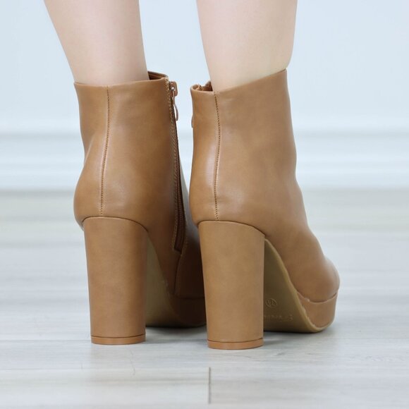 Womens Platform High Heeled Bootie Zip Up Tan Ankle Boots Block Heel - Picture 6 of 12